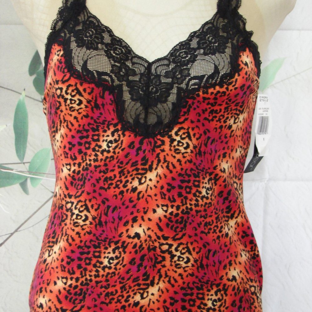 Bright Hot Pink Orange Black Red Leopard Lace Cami Top NWT stretch lace boudoir